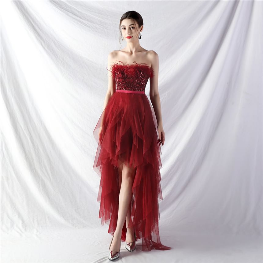 Evening Midi A-Line Feather Trim Gown Plain Strapless