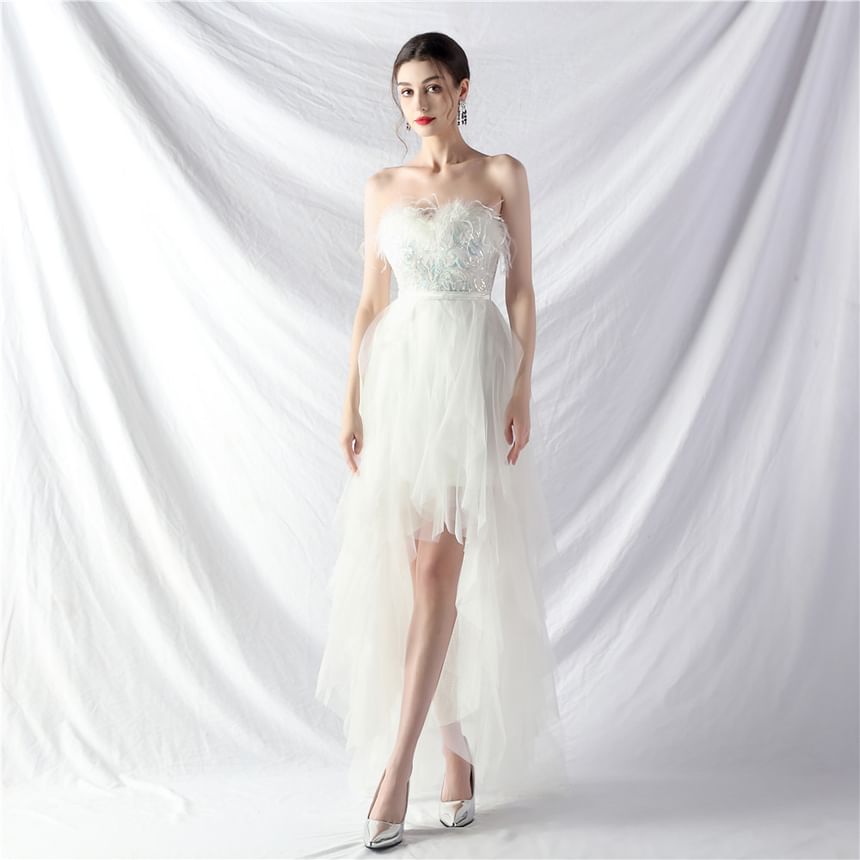 Evening Midi A-Line Feather Trim Gown Plain Strapless