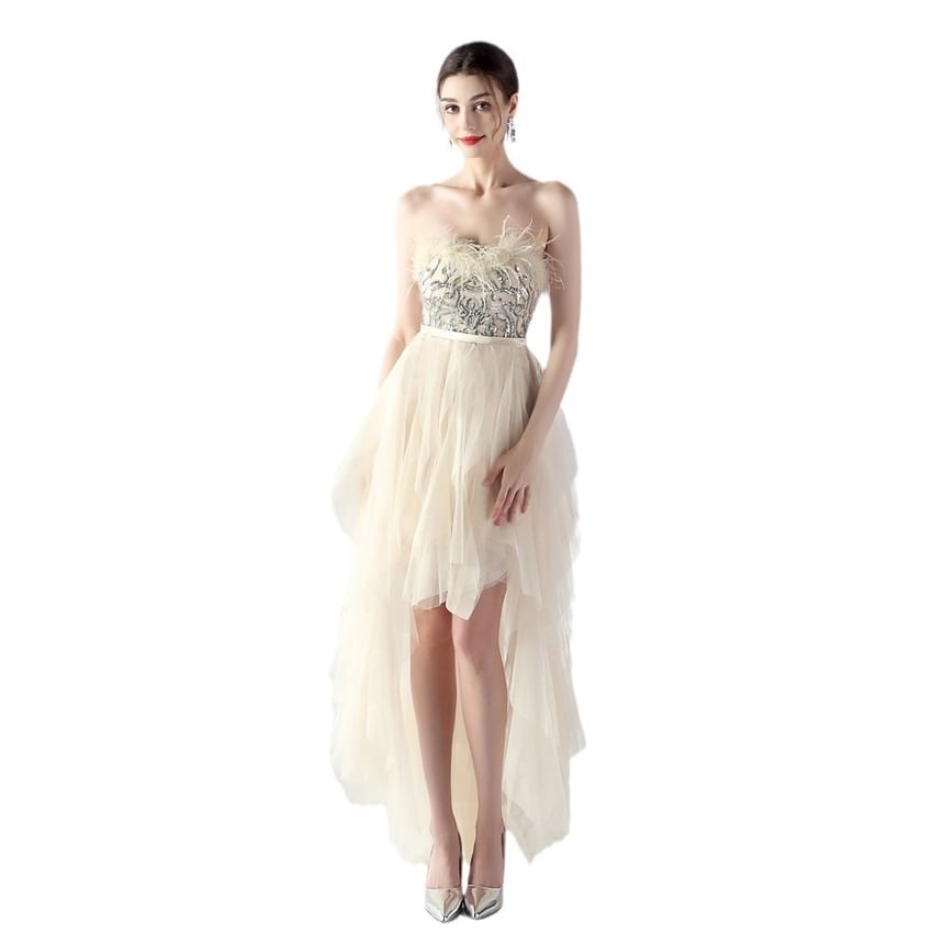 Evening Midi A-Line Feather Trim Gown Plain Strapless