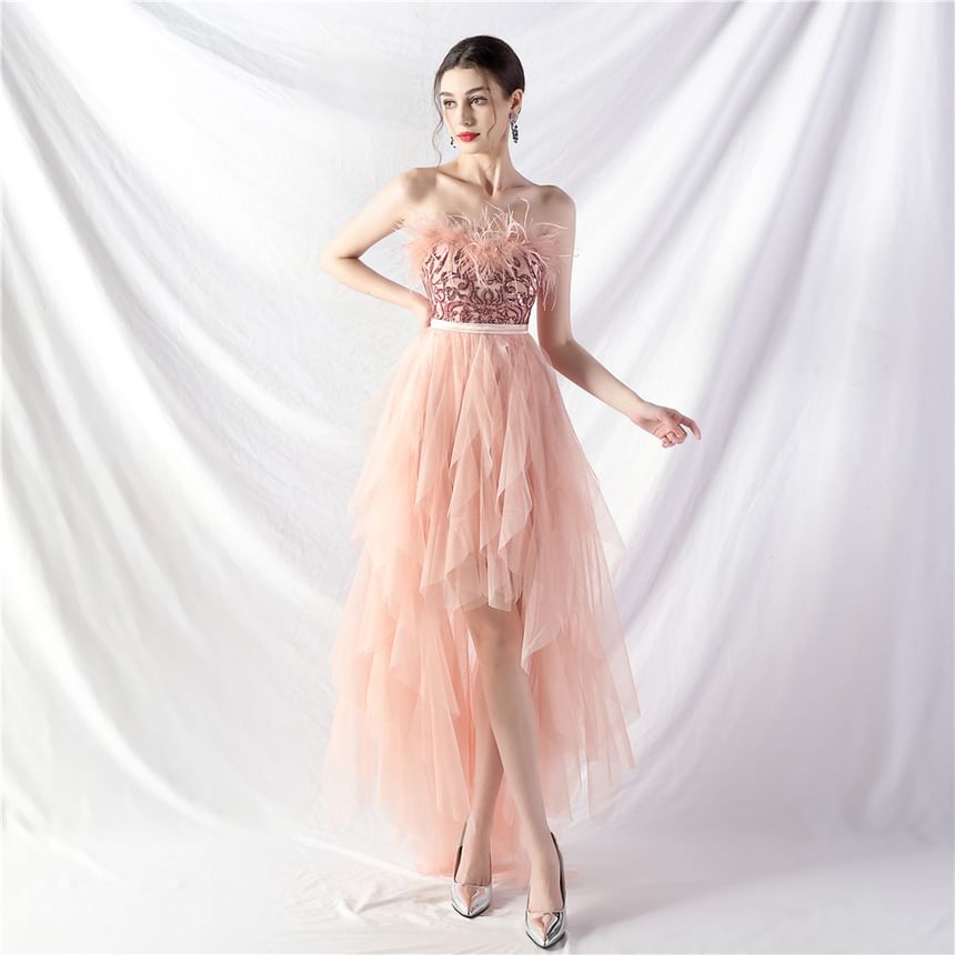 Strapless Plain Feather Trim Plain Midi A-Line Evening Gown