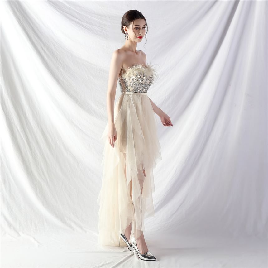 Evening Midi A-Line Feather Trim Gown Plain Strapless