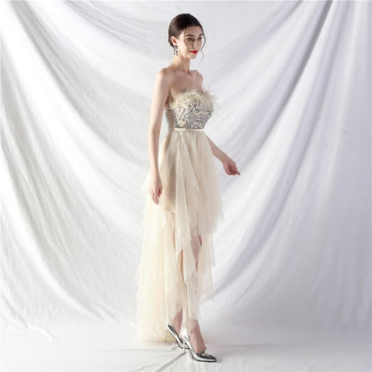 Evening Midi A-Line Feather Trim Gown Plain Strapless