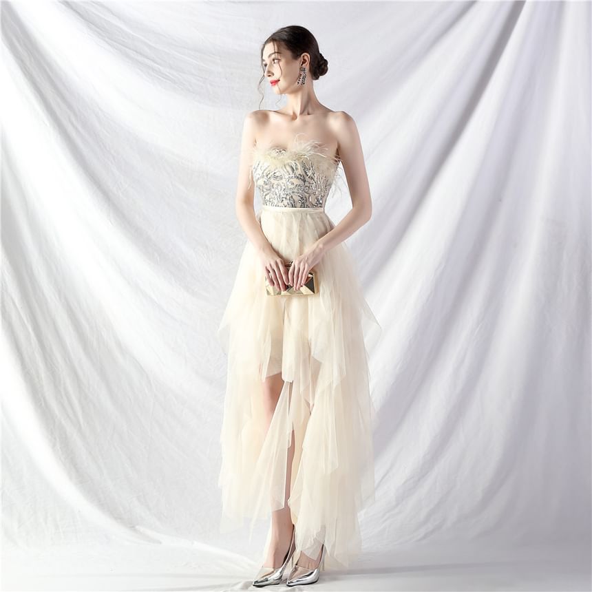 Evening Midi A-Line Feather Trim Gown Plain Strapless