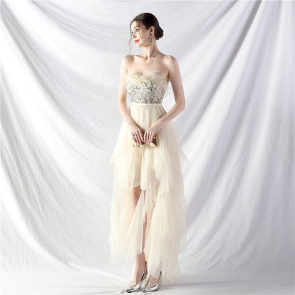 Evening Midi A-Line Feather Trim Gown Plain Strapless