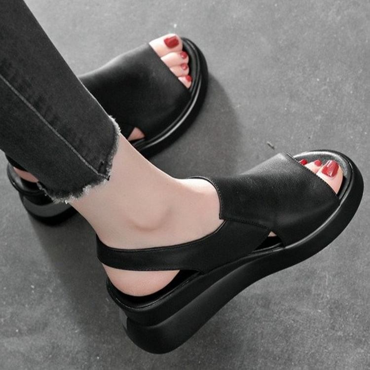 Slingback Sandals Faux Heel Wedge Leather Plain