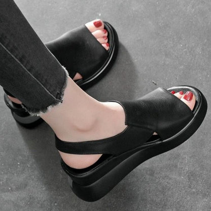 Slingback Sandals Faux Heel Wedge Leather Plain