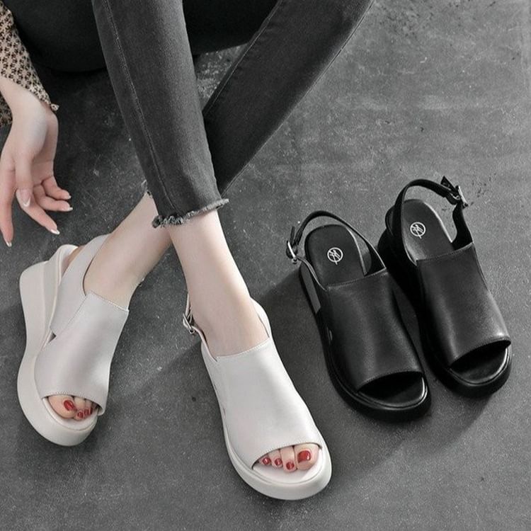 Slingback Sandals Faux Heel Wedge Leather Plain
