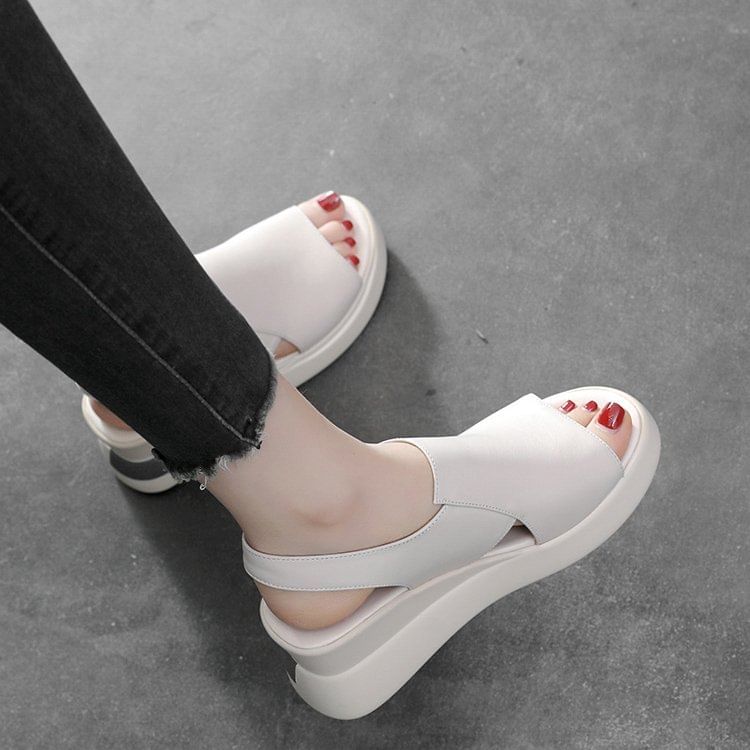 Slingback Sandals Faux Heel Wedge Leather Plain