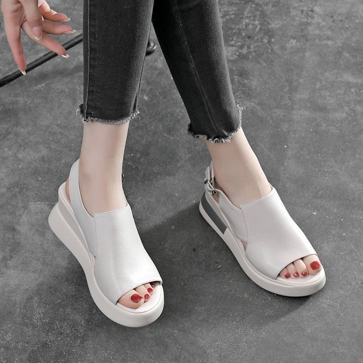 Slingback Sandals Faux Heel Wedge Leather Plain
