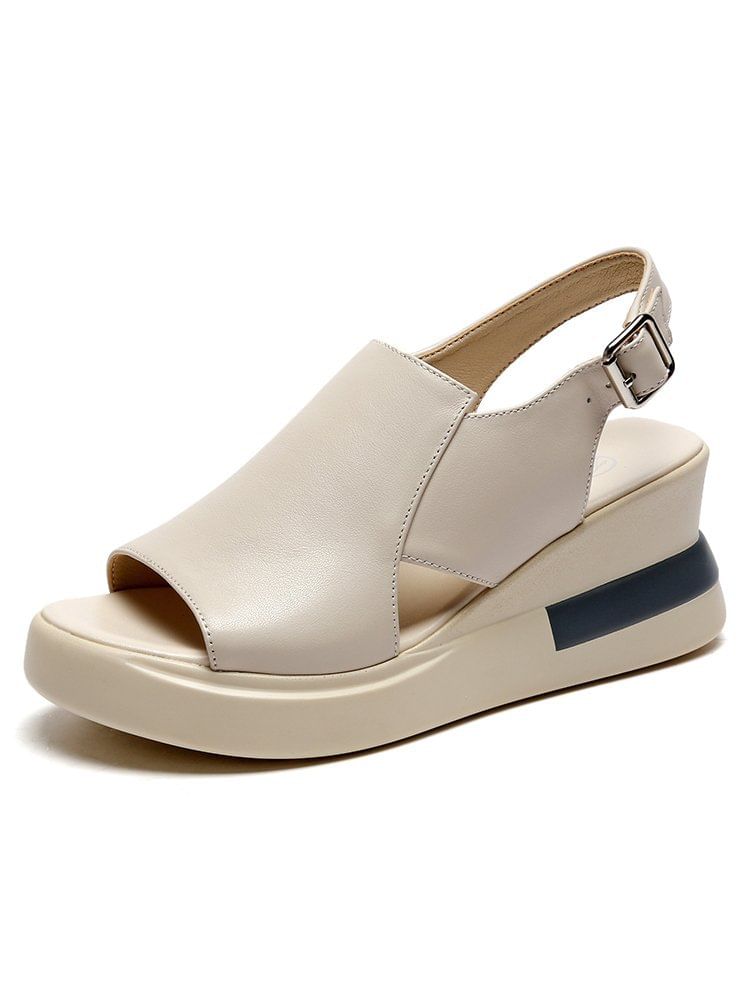 Slingback Sandals Faux Heel Wedge Leather Plain
