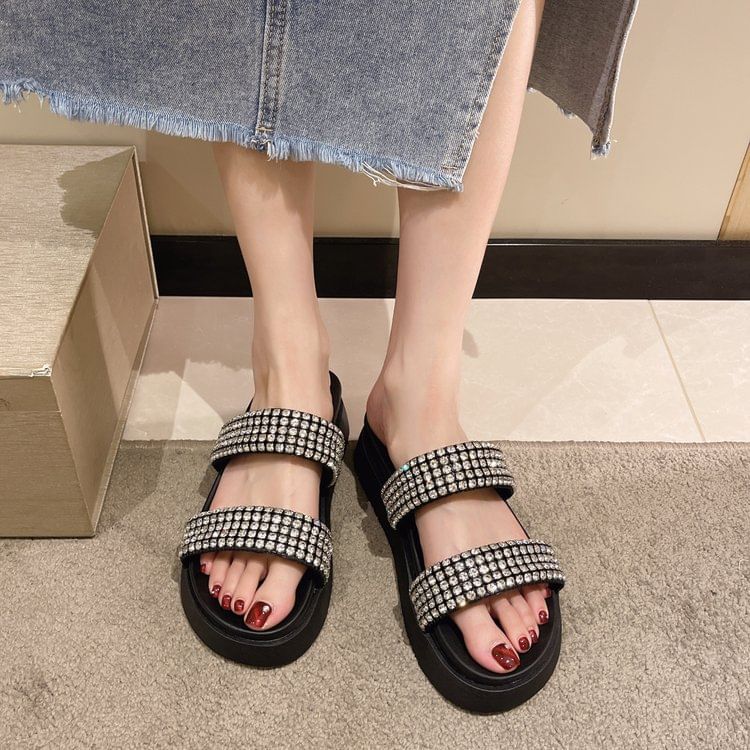 Rhinestone Platform Slide Sandals