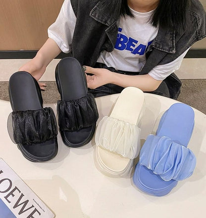 Sandals Slide Plain Ruched Platform