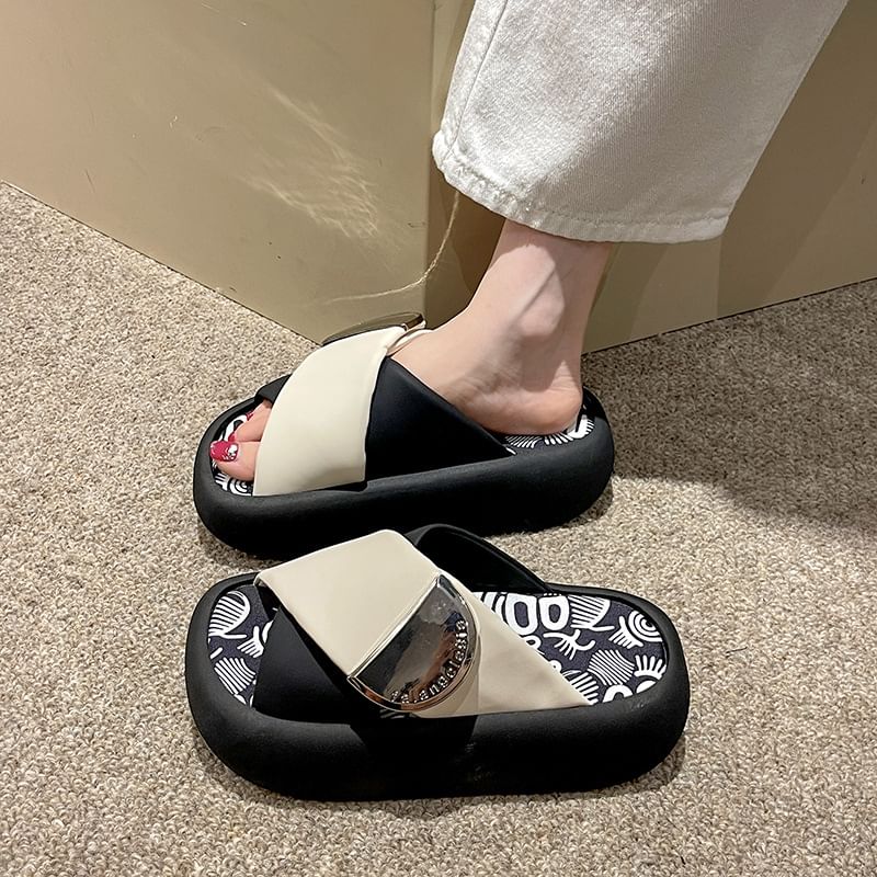 Cross Tone Strap Platform Two Faux Sandals Leather