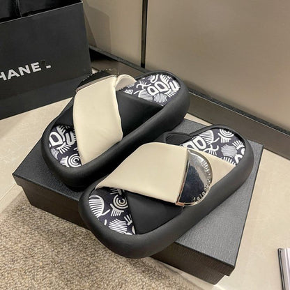 Cross Tone Strap Platform Two Faux Sandals Leather