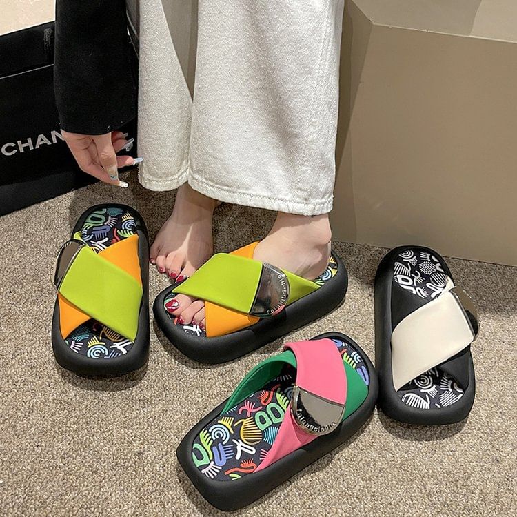 Cross Tone Strap Platform Two Faux Sandals Leather