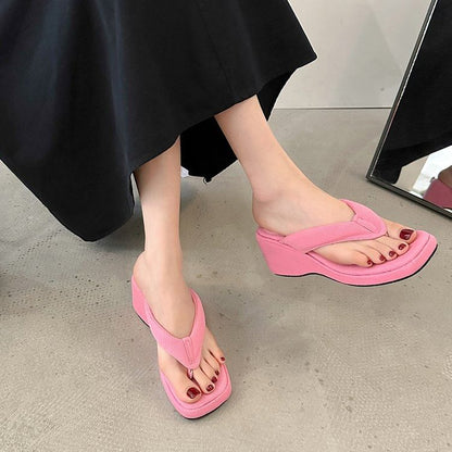 Heel Square Sandals Wedge Thong Toe