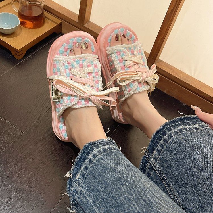 Checkerboard Sandals Sneakers Lace-Up Frayed Platform