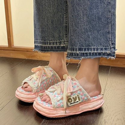 Checkerboard Sandals Sneakers Lace-Up Frayed Platform