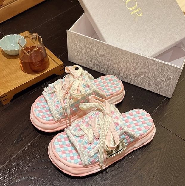 Checkerboard Sandals Sneakers Lace-Up Frayed Platform