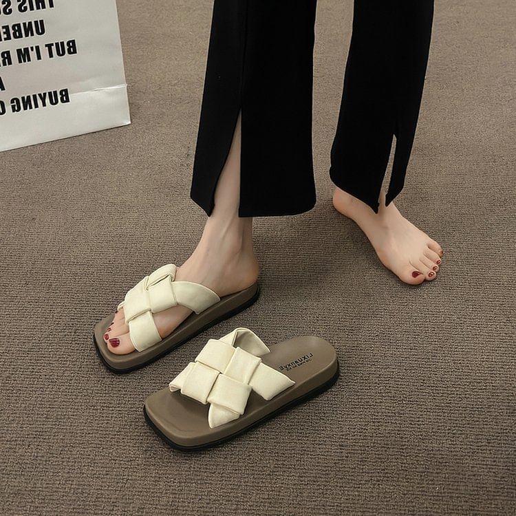 Woven Square Leather Faux Platform Toe Sandals