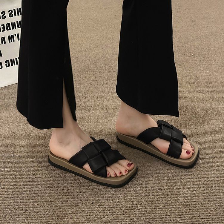 Woven Square Leather Faux Platform Toe Sandals