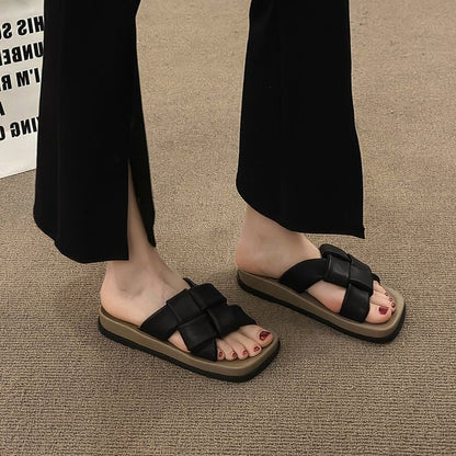 Woven Square Leather Faux Platform Toe Sandals