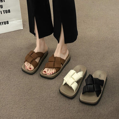 Woven Square Leather Faux Platform Toe Sandals