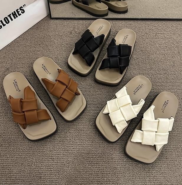 Woven Square Leather Faux Platform Toe Sandals