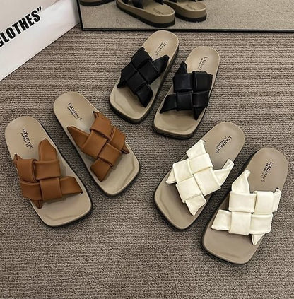 Woven Square Leather Faux Platform Toe Sandals