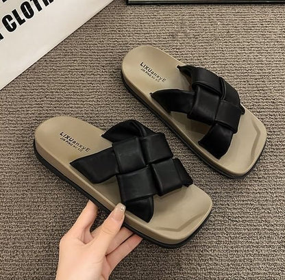 Woven Square Leather Faux Platform Toe Sandals