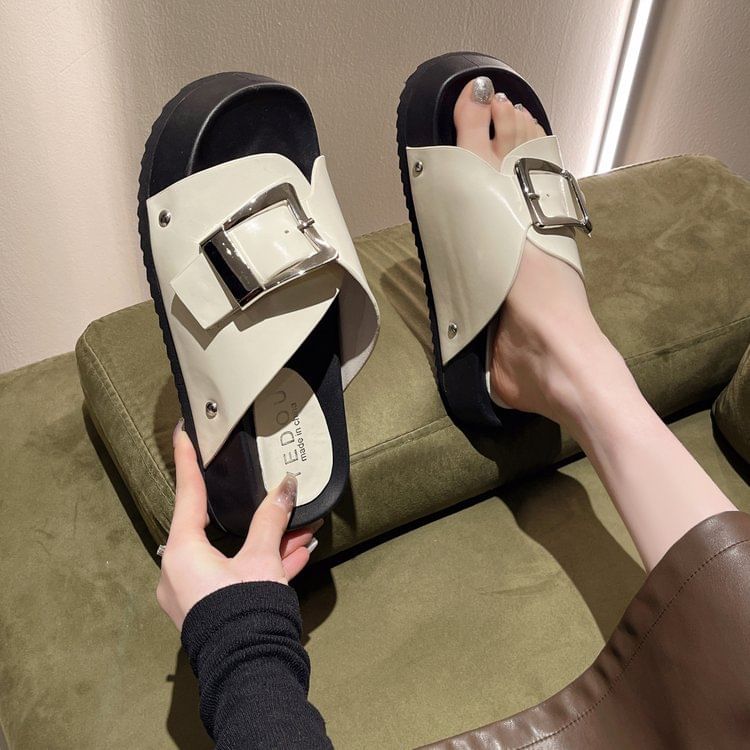 Faux Platform Leather Sandals Buckled