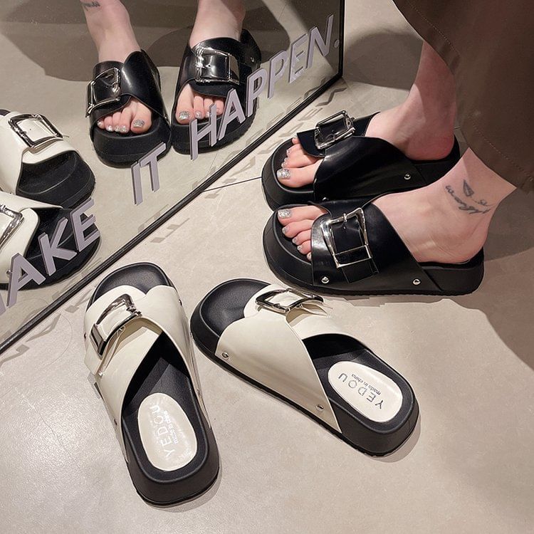 Faux Platform Leather Sandals Buckled