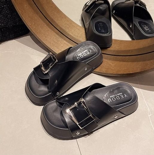 Faux Platform Leather Sandals Buckled