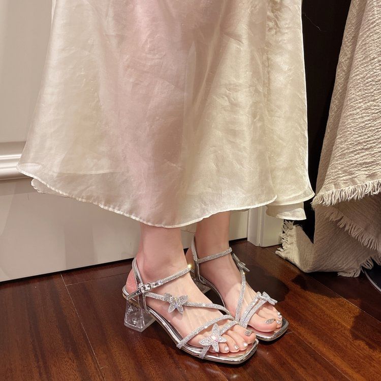 Toe Ankle Chunky Butterfly Strap Square Rhinestone Heel Sandals