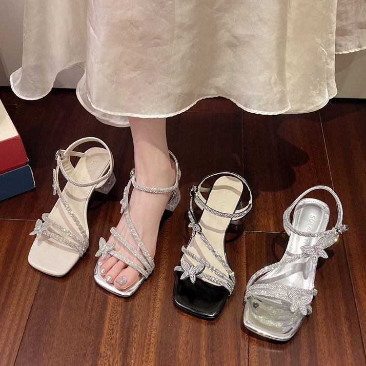 Toe Ankle Chunky Butterfly Strap Square Rhinestone Heel Sandals