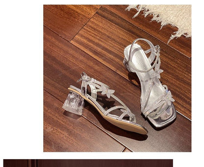 Toe Ankle Chunky Butterfly Strap Square Rhinestone Heel Sandals