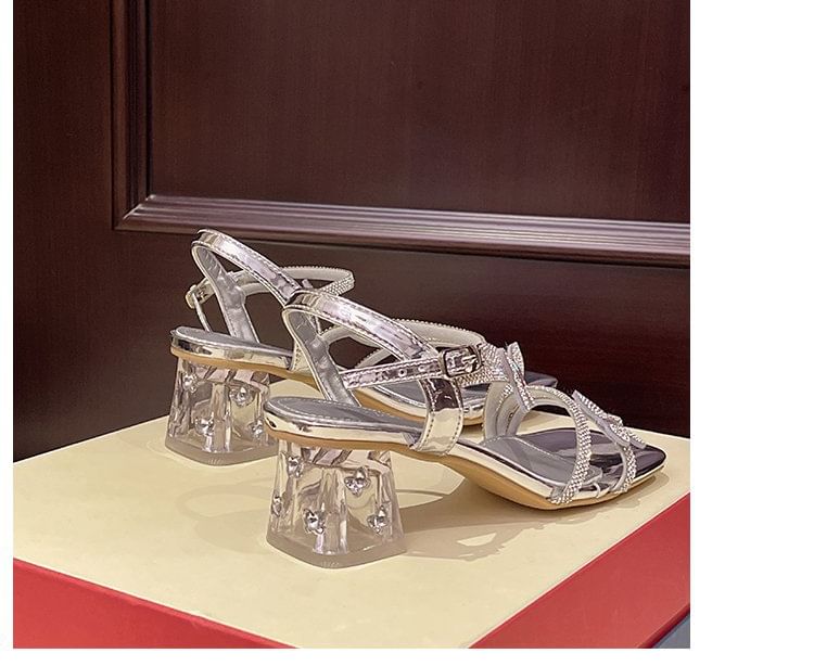 Toe Ankle Chunky Butterfly Strap Square Rhinestone Heel Sandals