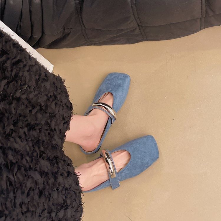 Toe Mary Jane Square Accent Suede Metal Faux Mules