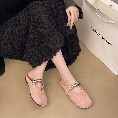 Toe Mary Jane Square Accent Suede Metal Faux Mules