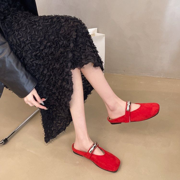 Toe Mary Jane Square Accent Suede Metal Faux Mules