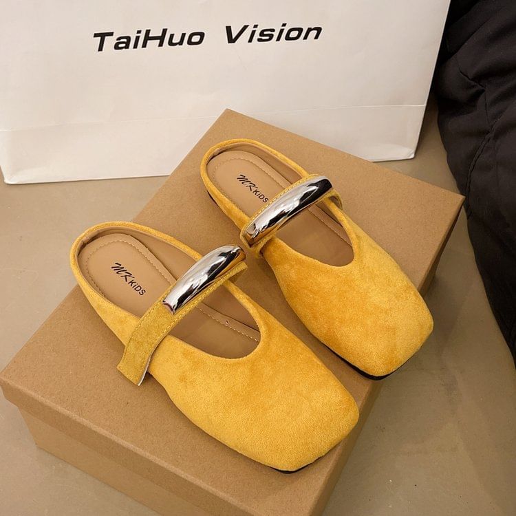 Toe Mary Jane Square Accent Suede Metal Faux Mules