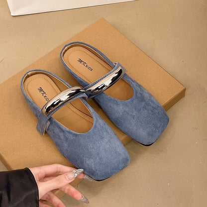 Toe Mary Jane Square Accent Suede Metal Faux Mules