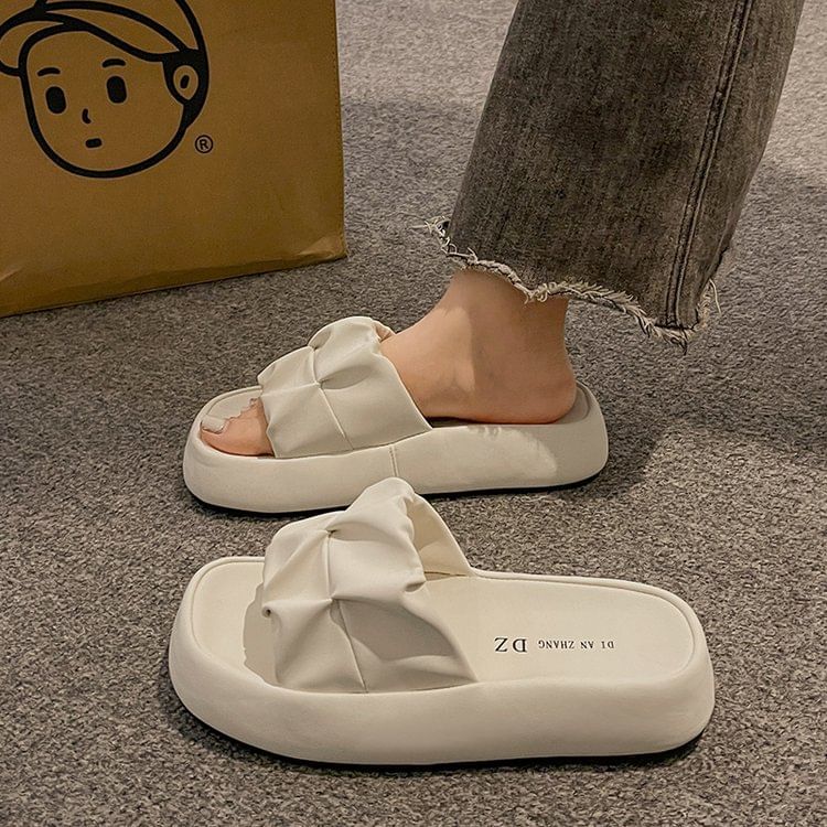 Plain Faux Platform Ruched Sandals Leather Slide