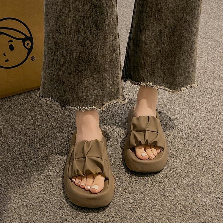 Plain Faux Platform Ruched Sandals Leather Slide