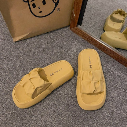 Plain Faux Platform Ruched Sandals Leather Slide