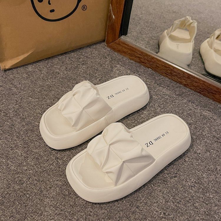 Plain Faux Platform Ruched Sandals Leather Slide