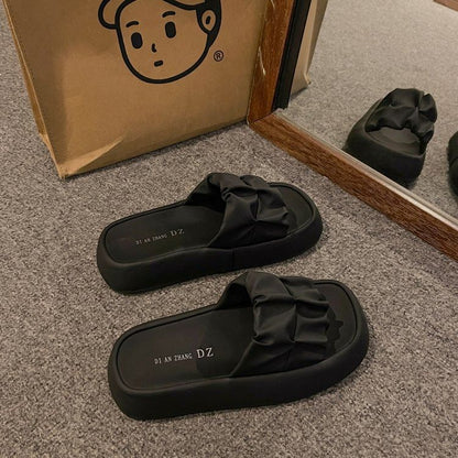 Plain Faux Platform Ruched Sandals Leather Slide