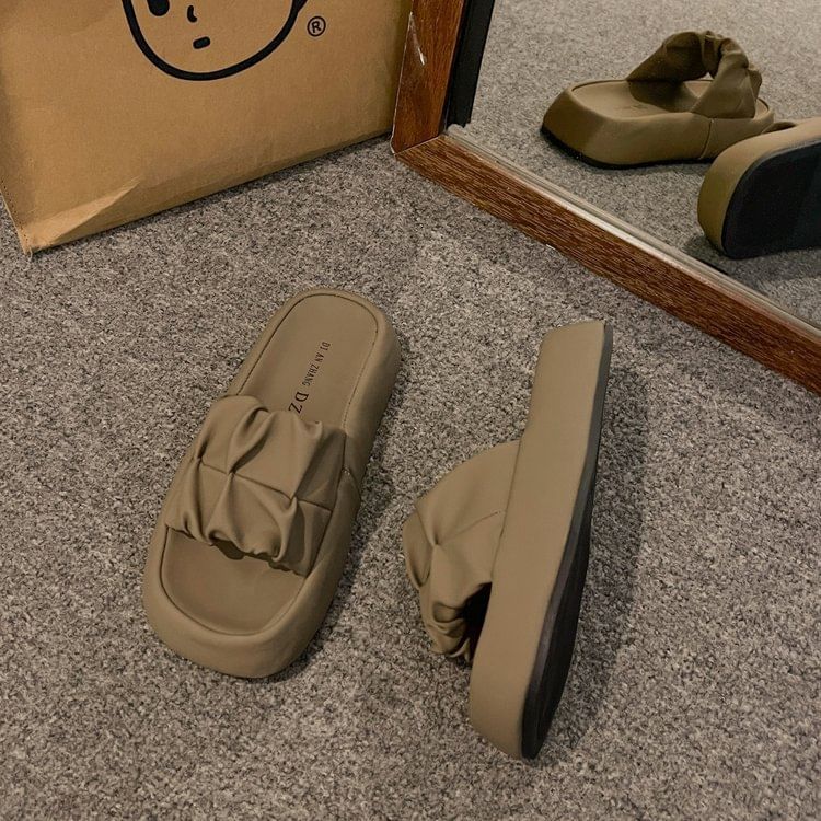 Plain Faux Platform Ruched Sandals Leather Slide