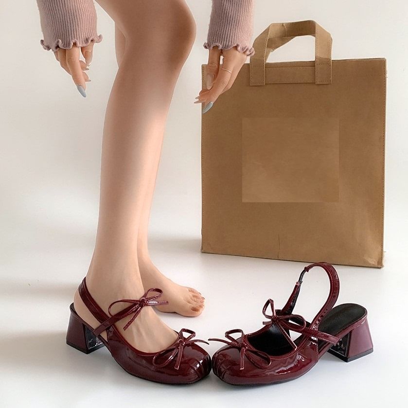 Block Heel Ribbon Accent Slingback Sandals