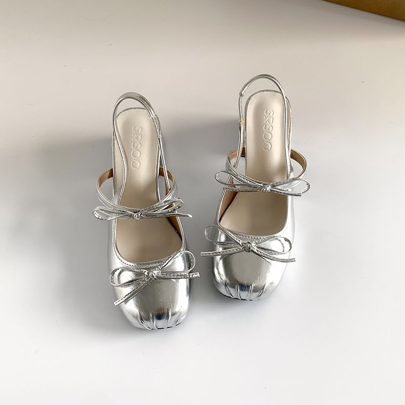 Block Heel Ribbon Accent Slingback Sandals